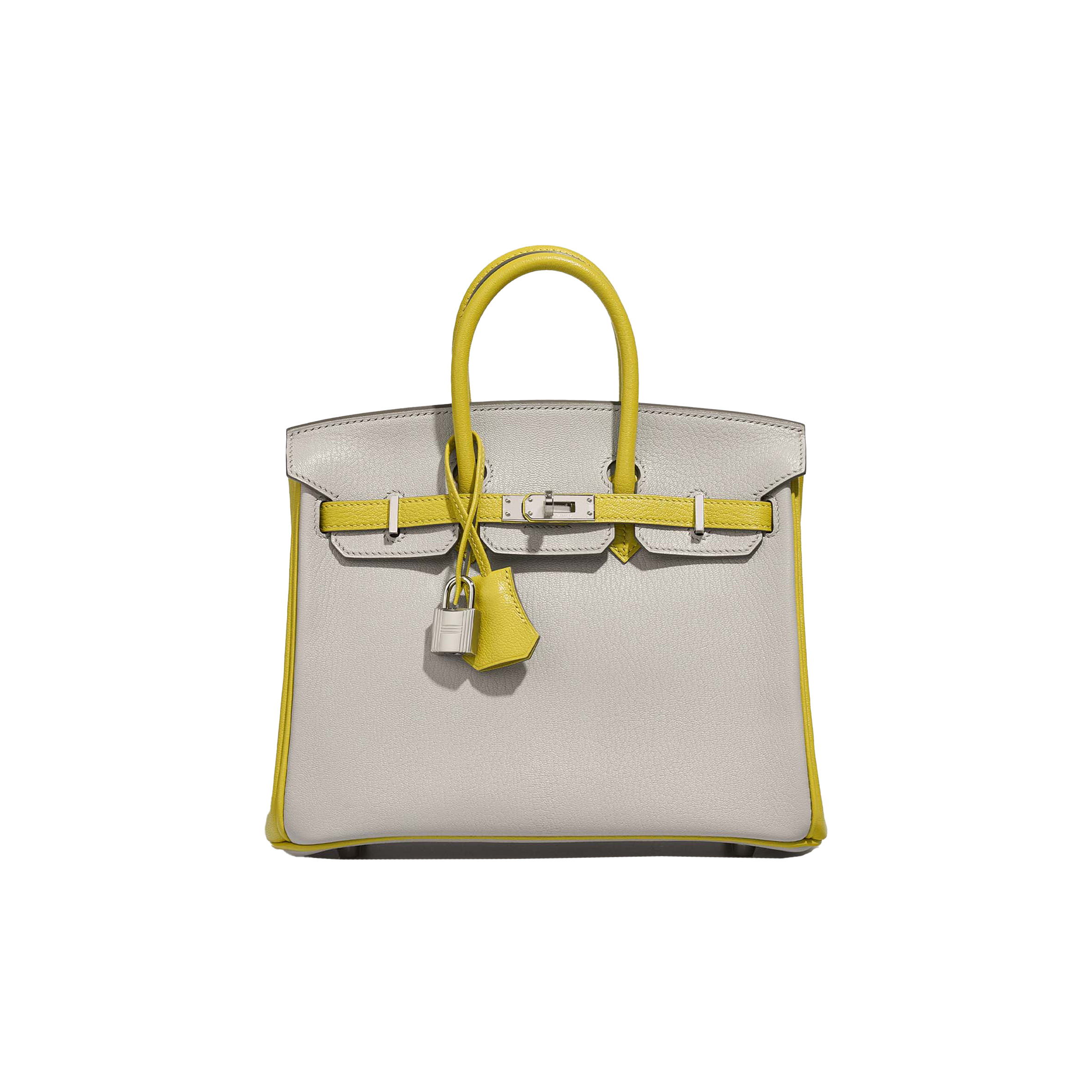 HERMÈS BIRKIN 25 SWIFT LEATHER PEARL GREY LEMON YELLOW SILVER BUCKLE BAG 3237 (25*20*13cm)