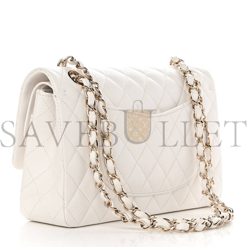 CHANEL CAVIAR QUILTED MEDIUM DOUBLE FLAP WHITE ROSE GOLD HARDWARE (25*15*6cm)