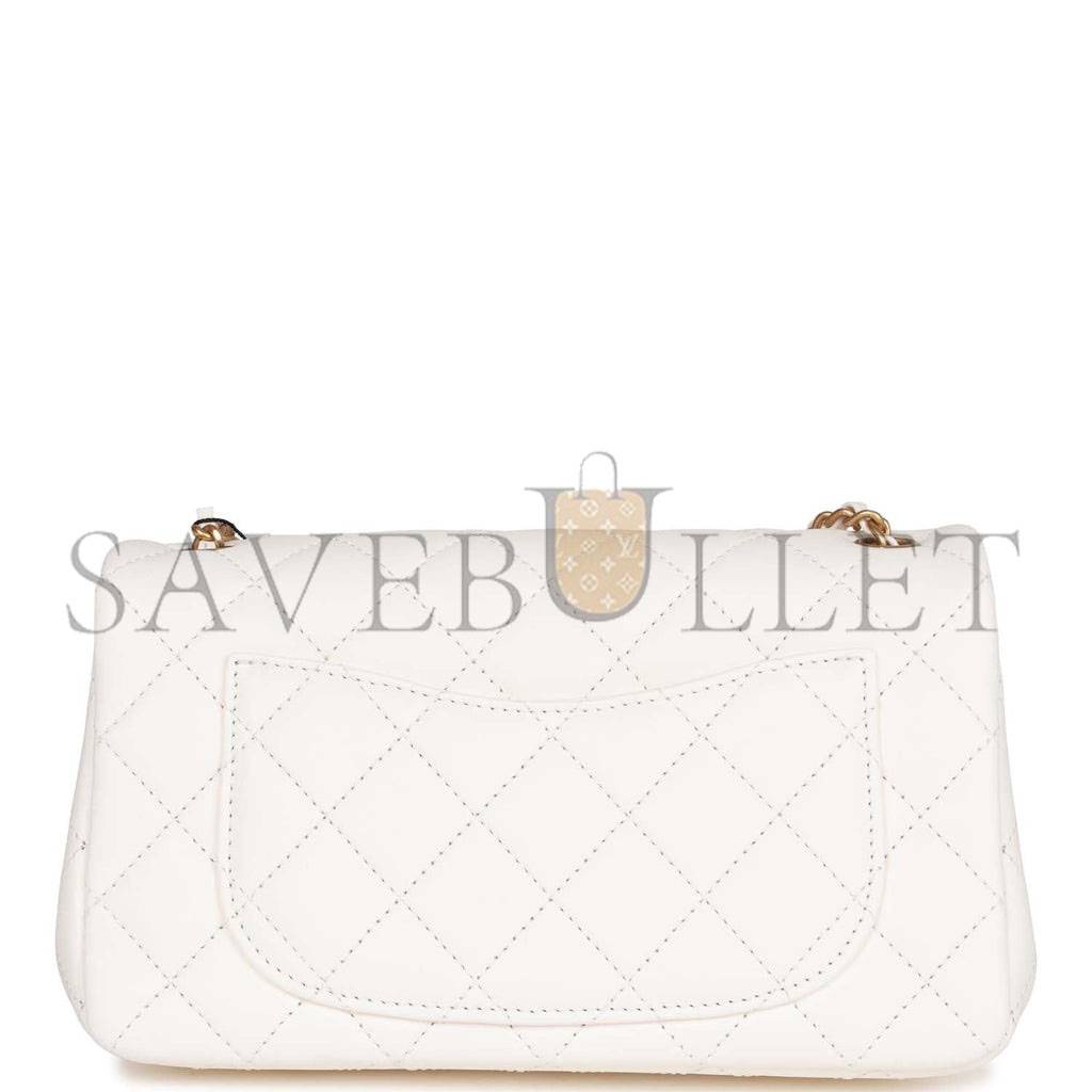 CHANEL PEARL CRUSH MINI RECTANGULAR FLAP BAG WHITE LAMBSKIN ANTIQUE GOLD HARDWARE (20*13*6cm)