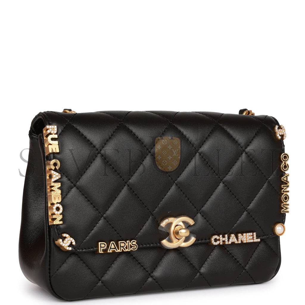 CHANEL MONACO MINI FLAP BAG BLACK LAMBSKIN ANTIQUE GOLD HARDWARE (19*13*8cm)