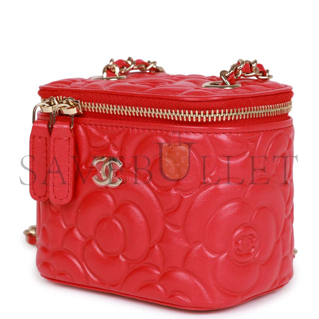 CHANEL CAMELLIA MINI VANITY CASE RED LAMBSKIN LIGHT GOLD HARDWARE (11*9*8cm)