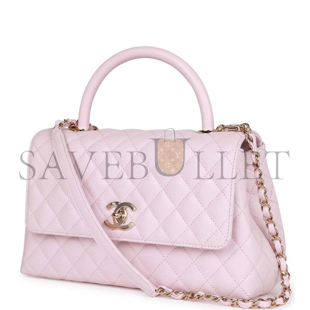 CHANEL MEDIUM COCO HANDLE FLAP BAG LIGHT PINK CAVIAR LIGHT GOLD HARDWARE (29*18*11cm)