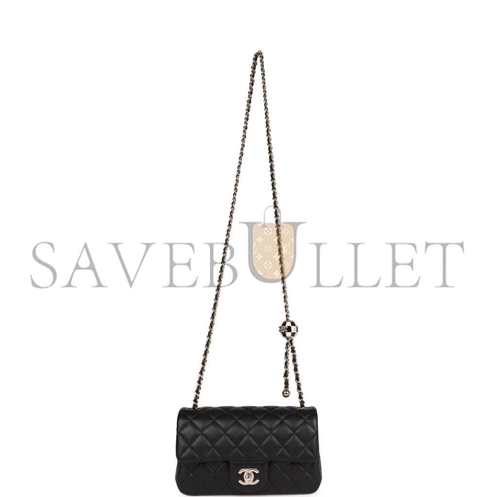 CHANEL PEARL CRUSH MINI RECTANGULAR FLAP BAG BLACK LAMBSKIN LIGHT GOLD HARDWARE (20*13*6cm)