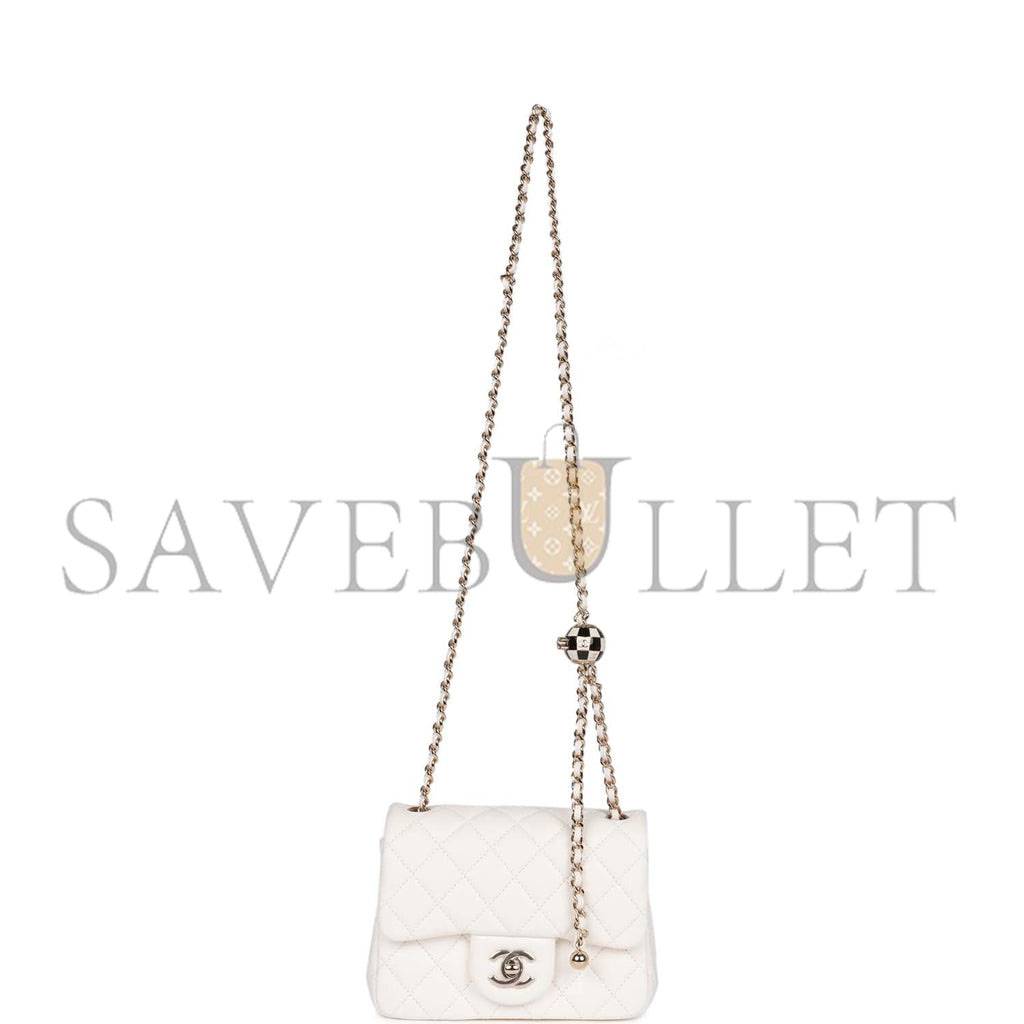 CHANEL PEARL CRUSH MINI SQUARE FLAP BAG WHITE LAMBSKIN LIGHT GOLD HARDWARE (17*14*8cm)