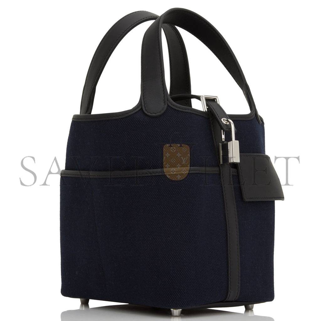 HERMES PICOTIN CARGO 18 BLEU MARINE AND BLACK SWIFT AND TOILE CANVAS PALLADIUM HARDWAR(18*13*18cm)