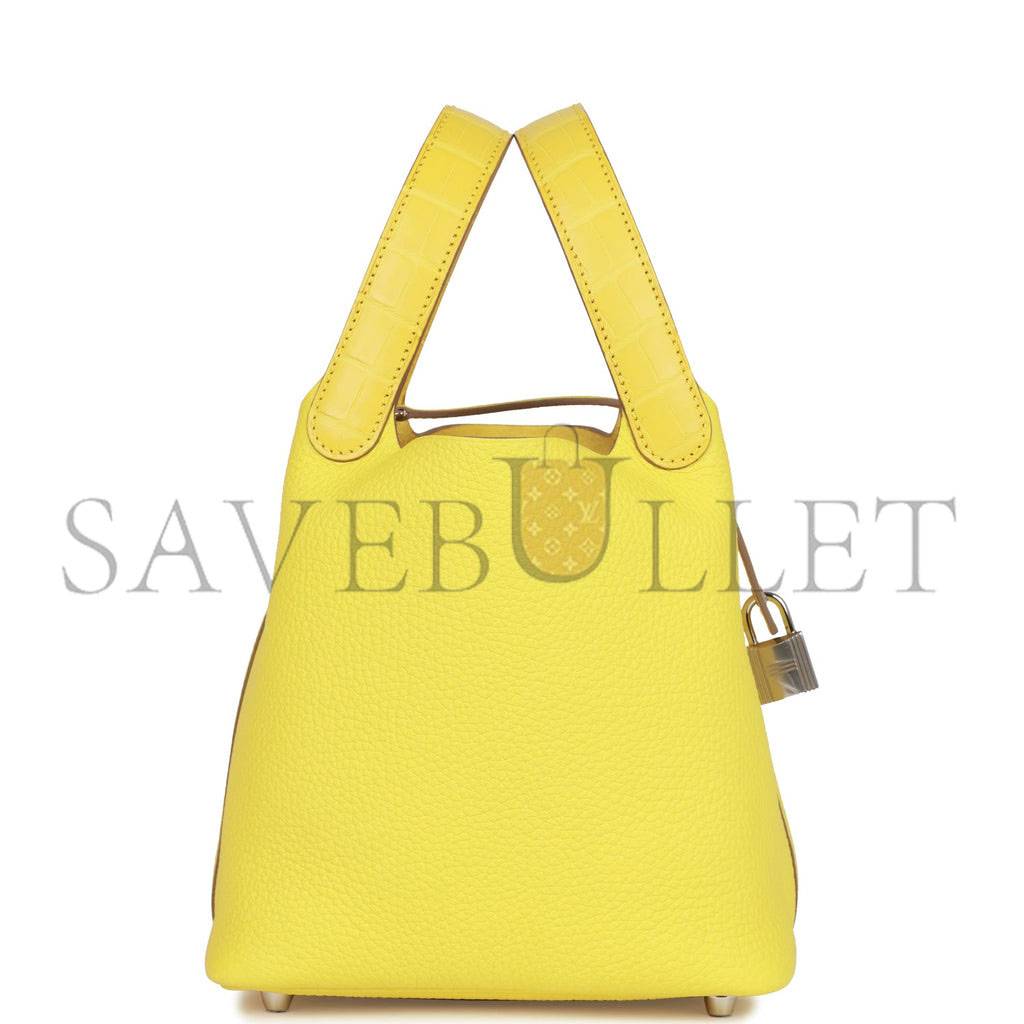 HERMES PICOTIN LOCK 18 MIMOSA MATTE ALLIGATOR AND LIME CLEMENCE TOUCH PALLADIUM HARDWARE(18*13*18cm)