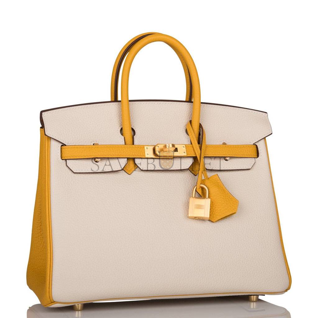 HERMES SPECIAL ORDER (HSS) BIRKIN 25 CRAIE AND JAUNE AMBRE TOGO BRUSHED GOLD HARDWARE HANDMADE (25cm)