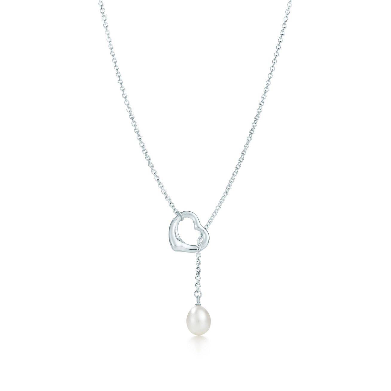 TIFFANY  ELSA PERETTI® OPEN HEART LARIAT NECKLACE IN SILVER WITH PEARLS, 9-9.5 MM