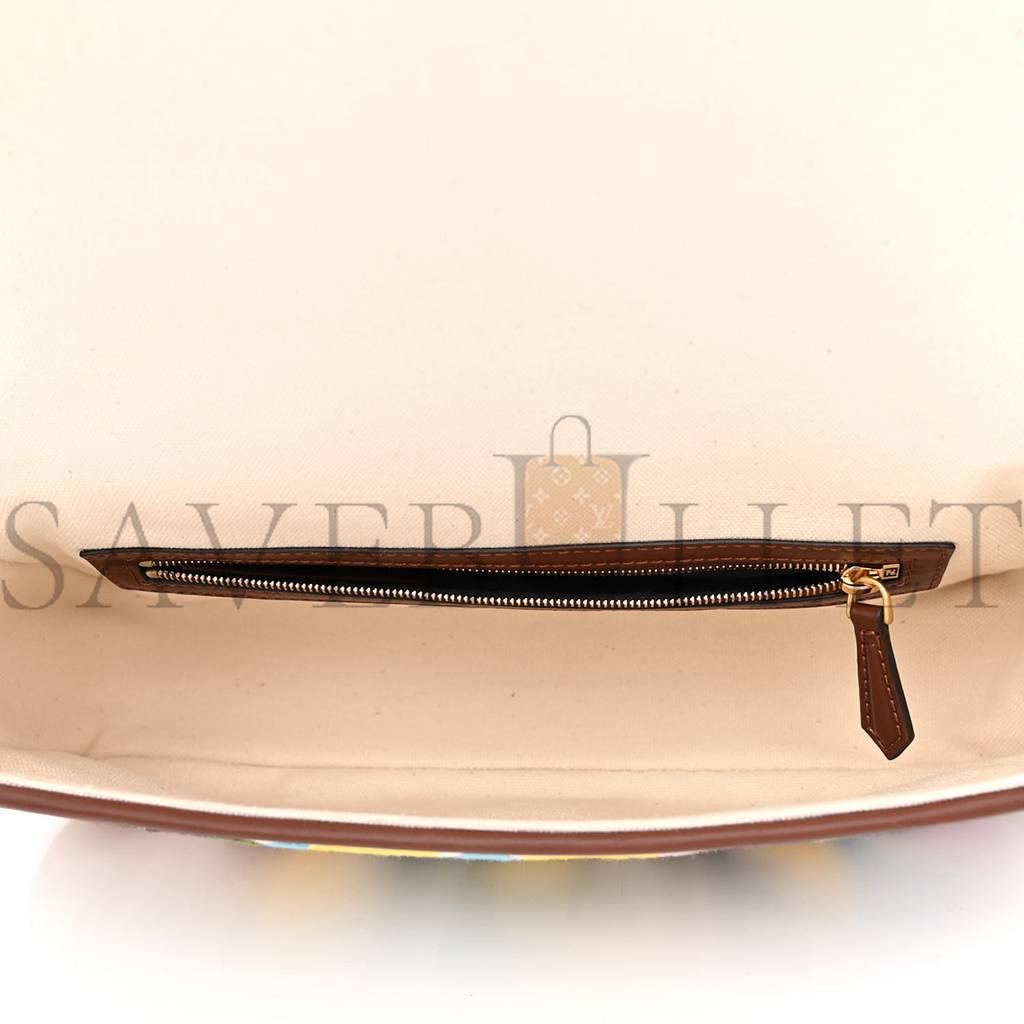 FENDI X SARA COLEMAN CANVAS VITELLO KING SETA FF FISH EYE EMBROIDERED BAGUETTE GREZZO MULTICOLOR GHIANDA (28*15*6cm)