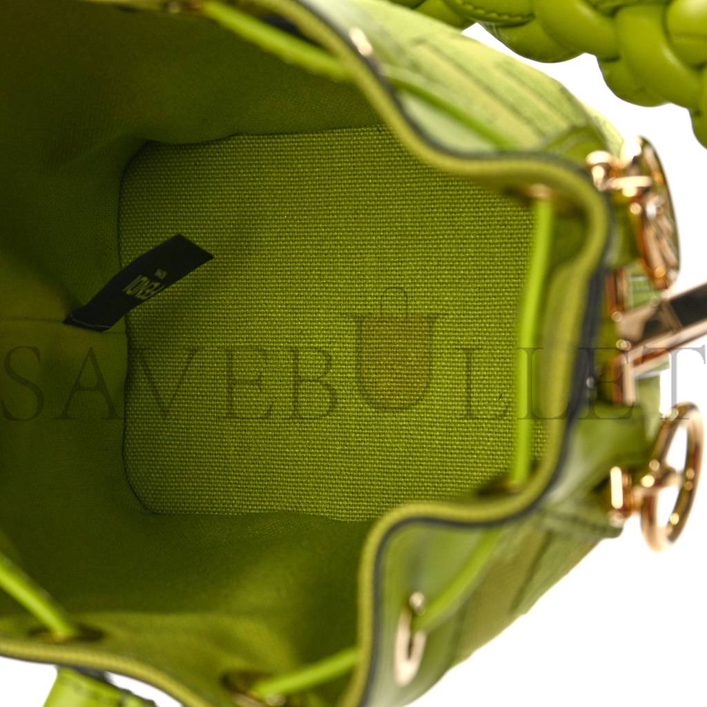 FENDI CANVAS VITELLO GRACE F IS FENDI FF EMBROIDERED MINI MON TRESOR BUCKET BAG WASABI (18*12*10cm)