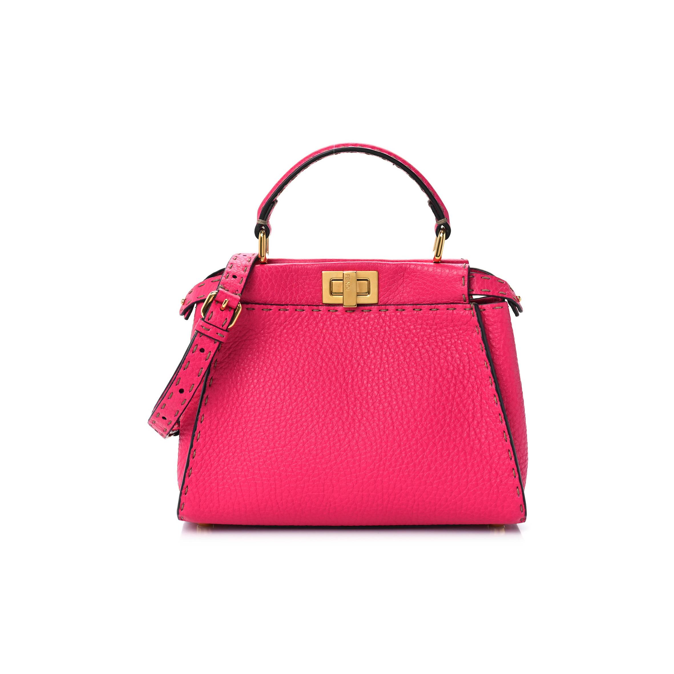 FENDI CUOIO ROMANO SELLERIA MINI PEEKABOO ICONIC SATCHEL FUXIA (23*19*11cm)